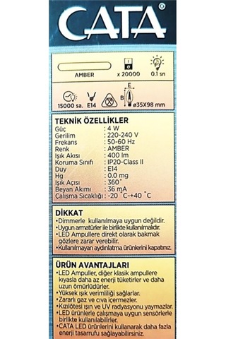 Cata Rustik Buji Ampul E14 Duy 4 Watt Amber Ct4280