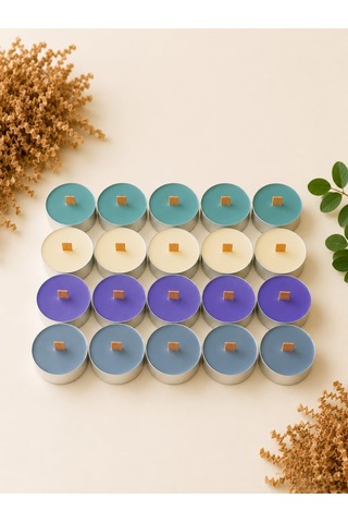 Sedefli Ahşap Fitil Tealight Mum Seti 20 Adet - Sandal Ağacı Kokulu, Yeşil, Sarı, Mor, Gri Renkli Diğer