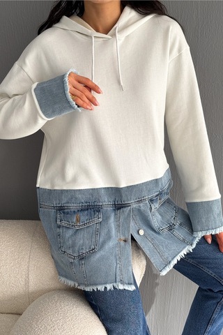 Femelle Kadın Kapüşonlu Kot Denim Detaylı Düğmeli Tasarım Sweatshirt beyaz