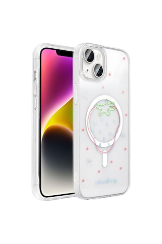 Techaks Apple Uyumlu iPhone 15 Plus Kılıf M-safe Şarj Özellikli Şeffaf Zore Folk Sert Kapak - Çilek Beyaz
