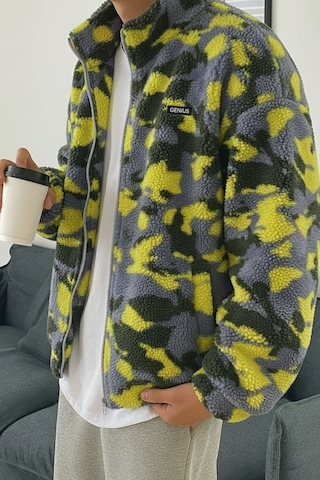 Genius Store Oversize Peluş Tam Fermuarlı Sweatshirt Peluş İçi Polarlı Sherpa Kumaş Sweatshirt Sarı