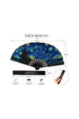Coverzone Yıldızlı Gece Desenli Katlanabilir El Yelpazesi Japon Stil El Fanı Hafif Taşınabilir Yazlık Serinletici