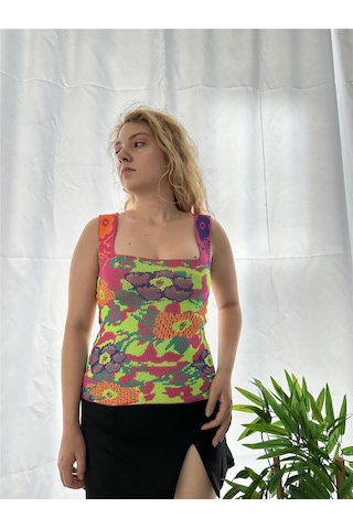 Simli Moda Çok Renkli Askılı Triko Bluz - Kadın