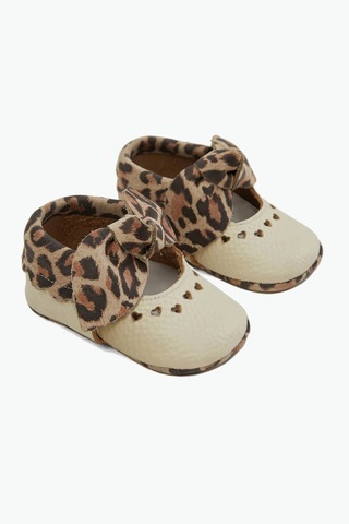 Beybium Lily Hakiki Deri Kız Bebek Makosen Leopar Kalpli Krem