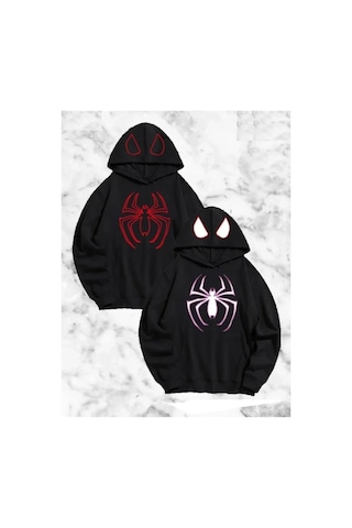 Butik İstanbul Sevgili Çift Kombini Örümcek Baskılı Kapüşonlu Sweatshirt Hoodie - Siyah