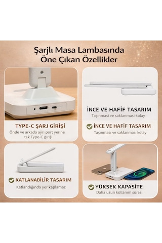 Polham Şarjlı Katlanabilir Led Masa Lambası 3 Işık Modu Göz Koruyucu 800mah Telefon Tutuculu Beyaz