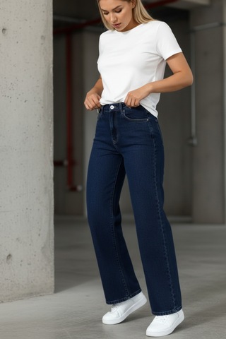 Woddi Nova Kadın Yüksek Bel Lacivert Salaş Jeans Wide Leg Geniş Paça Palazzo Kot Pantolon