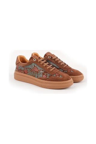 Mamma Mia Kadın Günlük Ayakkabı Hakiki Deri Süet Çiçek Desenli Goblen Kalın Taban Bağcıklı Sneaker 26y-700 Camel