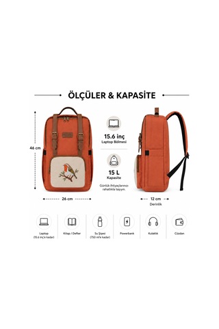 Mileyha Kızılgerdan Nakışlı Kiremit Sırt Çantası, 15l, Laptop Böl