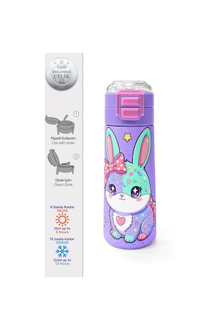 Coral High Kids Milka Su Yeşili Tavşan Desenli Pipetli Ve Direkt İçim Çelik Termos 500 Ml 38137 Lila