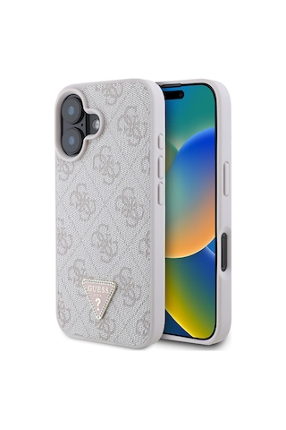Apple Uyumlu iPhone 16 Kılıf Guess Lisanslı Pu Deri Taşlı Üçgen Logo 4g Desenli Strass Kapak Pembe