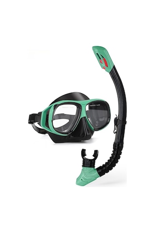 Profesyonel Şnorkel İki Parçalı Silikon Tam Kuru Şnorkel Büyük Çerçeve Sis Geçirmez Dalış Gözlüğü Seti Yeşil