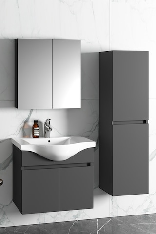 Yıldız 65+35 Cm Antrasit Gri Mdf Sepetli Asma Banyo Dolabı Takımı Antrasit - Gri