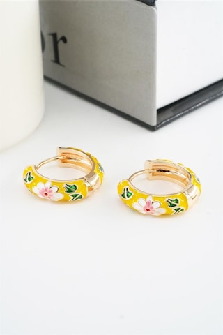 Kadın Özel Seri Mineli Çiçek Motifli Kararmaz 2 Cm Halka Küpe Seti - Sarı