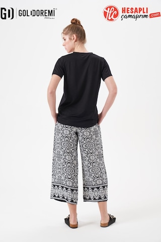 Gd Goldoremi 29063 Premium Kadın V Yaka Rahat Kalıp Desenli Bol Paça Kısa Kollu Pijama Takım Siyah