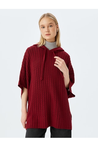 Koton Oversize Triko Panço Kapüşonlu Örgü Dokulu Kısa Kollu Bordo 5wal90033ht Bordo