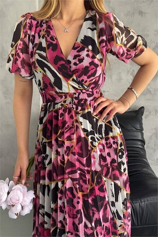 Neşeli Butik Kadın Fuşya Kruvaze Yaka Desenli Şifon Elbise Nbq001 Fuşya