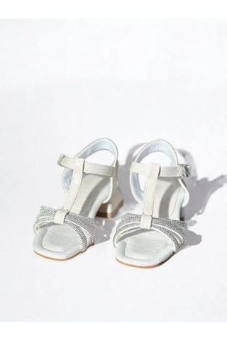 Kız Çocuk Deri Ortopedik Taşlı Topuklu Ayakkabı-15742 Ekru