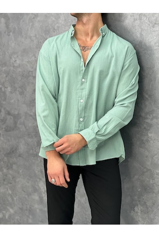 Modefendi Krinkıl Kumaş Oversize Kesim Keten Gömlek Yeşil