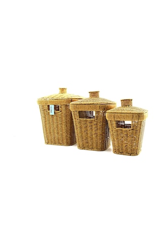 İbico İ22-338 Dikdörtgen Hasır Organizer Sepet 3'lü Set - Metal İskeletli Kapaklı- 8'li Paket