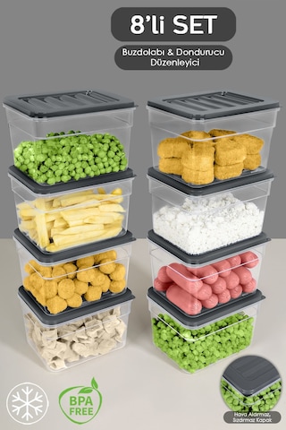 8'li Derin Mikrodalga Uyumlu Organizer Set Düzenleyici Gıda Erzak Saklama Kabı 1100 ML Antrasit