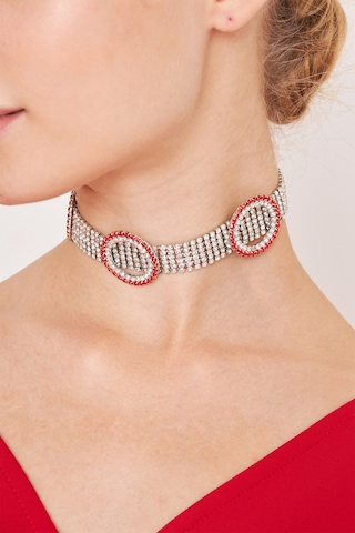 Kadın Opalo Model Kırmızı Beyaz Zirkon Taşlı Gümüş Choker Kolye Gri