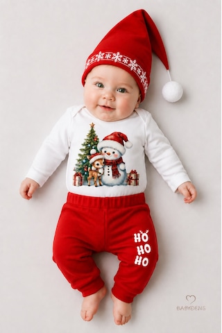 Babyden's Bebek Yılbaşı Noel Kıyafeti 3 Lü Takımı Snowman Baskılı Body,kırmızı Pantolon,noel Şapkası Unisex Kırmızı - Beyaz