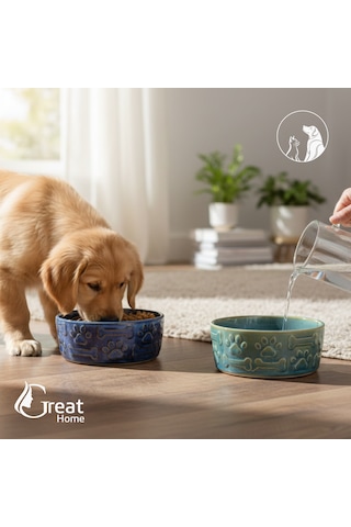 Greathome 2 Li Porselen Kedi Köpek Mama Ve Su Kabı Evcil Hayvanlar İçin