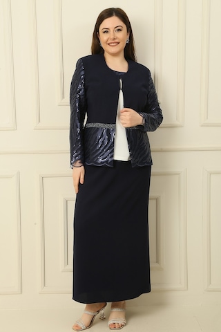 İçi Yarım Ay Kol Bluz Pul Nakışişlemeboncuk Detaylı Ceket Etek Astarlı Büyük Beden 3'lü Takım Lacivert