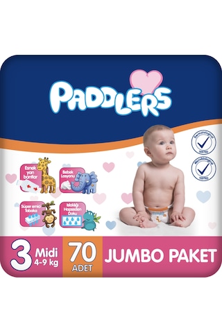 Paddlers Bebek Bezi 3 Numara Midi (4-9 Kg) 70 Adet – Jumbo Paket
