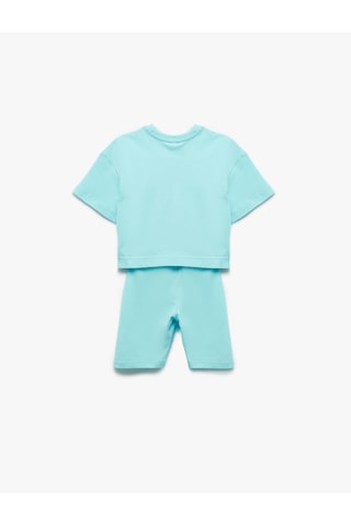 Koton Bisiklet Yaka Kısa Kollu Pamuklu Baskılı Tişört Ve Tayt Seti Turkuaz 5skg10148ak Turkuaz