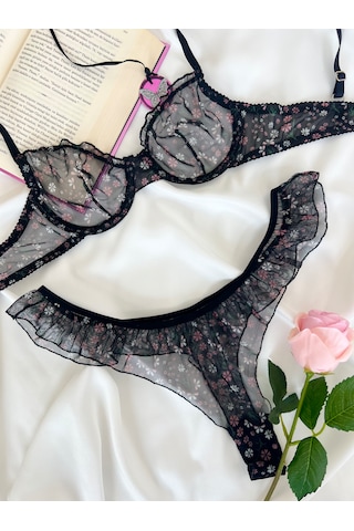 Arinda Butterfly Siyah Tül Çiçek Desenli Balenli Kapsız Fırfırlı Bralette Sütyen Tanga İç Çamaşırı Takımı Alt Üst 2 Parça