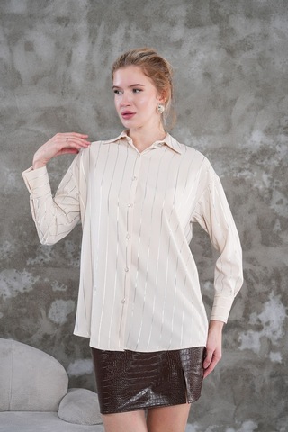 Çizgili Klasik Kadın Gömlek Bej