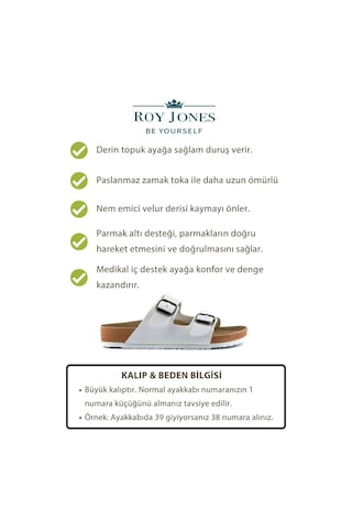 Roy Jones Unisex Ortopedik Tabanlı Konfor Modeli Terlik Çift Bantlı Tokalı Günlük Rahat Dışarı Ev İçi Terliği Beyaz