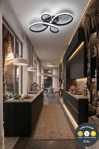 Liya Tasarım Siyah Led Plafonyer Avize - 3 Renk Işıklı Ayarlanabilir Modern Aydınlatma