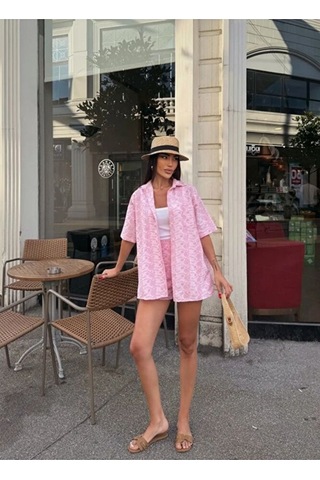 Nido Moda Kadın Oversize Fisto Gömlek Ve Beli Lastikli Şort İkili Takım Pembe