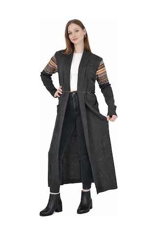 Onno Style Woman Standart Beden Kilim Desenli Uzun Triko Ceket Gri