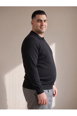 Maccali Erkek Siyah Büyük Beden Düz Fermuarlı Polo Yaka Triko Sweatshirt