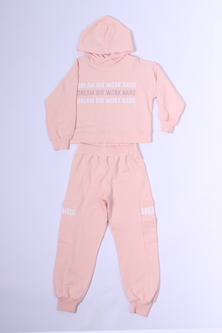 Kız Çocuk Kapşonlu Eşofman Takımı Baskılı Ribanalı C38 Yavruağzı