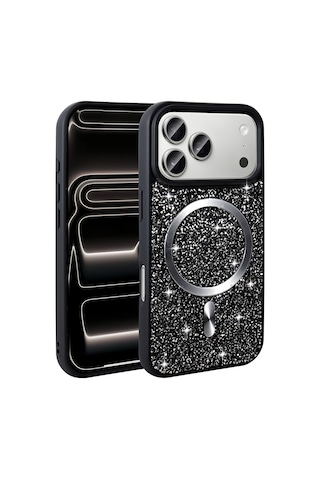 Zore İphone 17 Pro Max Kılıf Pırlanta Tasarımlı M-safe Şarj Özellikli Ogaa Mozaik Silikon Kapak - Siyah
