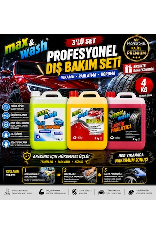 Max&wash 3'lü Profesyonel Dış Bakım Seti 4+4+4 Kg Cilalı Oto Şampuan + Hızlı Cila + Lastik Parlatıcı Oto Kuaför Bakım Seti