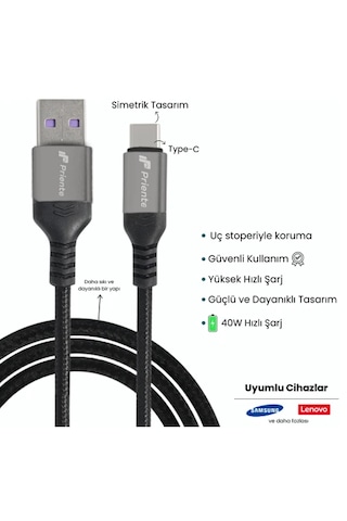Priente Pd40ca 40w Örgülü Type-c To Usb-a Hızlı Data/şarj Kablosu 1.5 Metre Priente Türkiye li