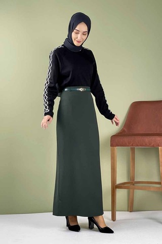 İbrahim Burak Etiler Collection Moda Çizgi Etek Zümrüt Yeşili