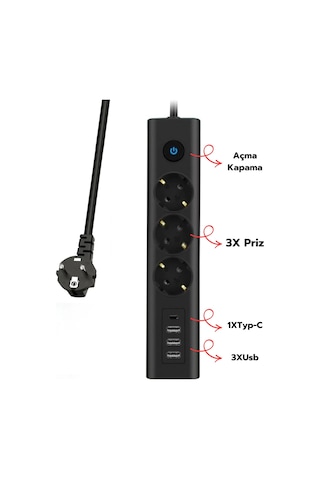 Akım Korumalı Priz 3'lü Priz 3x Usb Girişi 1x Type-c Girişi 2mt Kablo Grup Priz Ftr-13 1.9 M