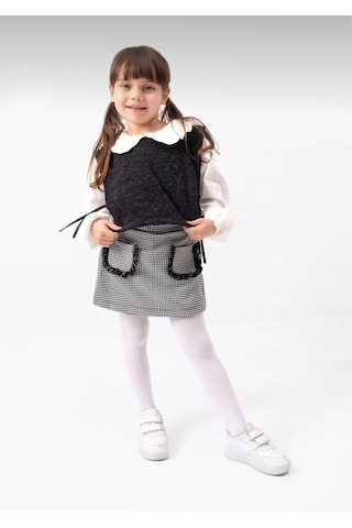Kazağı Desenli Şort Etekli Cekenli 3 Lü Kız Çocuk Takım - Siyahbeyaz Siyah - Beyaz