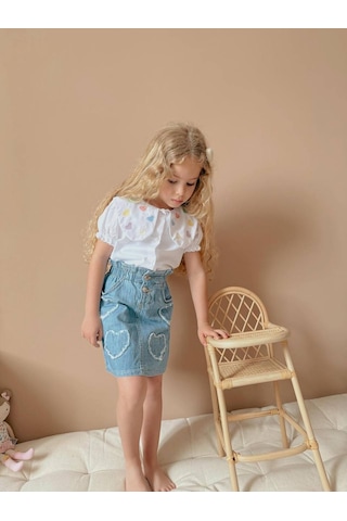 Jolly Kids Kız Çocuk Kalp Nakışlı Kot Etekli Takım Beyaz