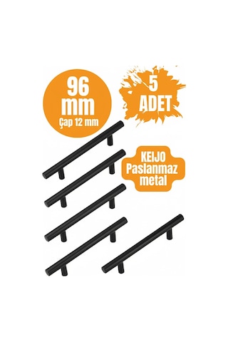 5 Adet Keijo Siyah 96mm Paslanmaz Kulp Mobilya, Dolap Kulbu, Kulp Modeli Mat Siyah