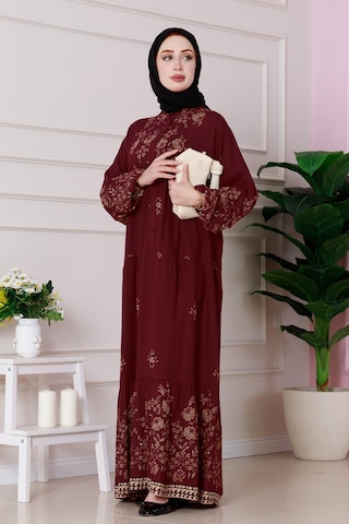 Sevitli Yarım Düğmeli Robalı Nilay Elbise-bordo-4876 Bordo