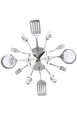 Homyl 3d Duvar Saati Mutfak Paslanmaz Çelik Çatal Bıçak Simli Simli