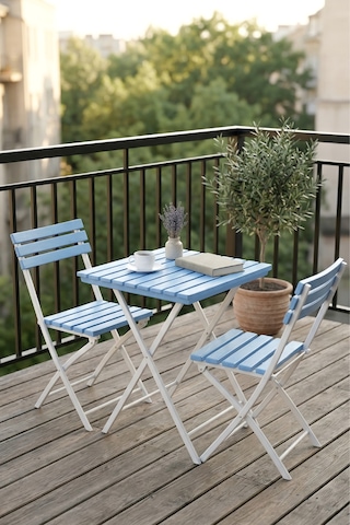 Katlanabilir 3'lü Masa Sandalye Bahçe & Bistro & Kamp & Balkon Takımı - Mavi